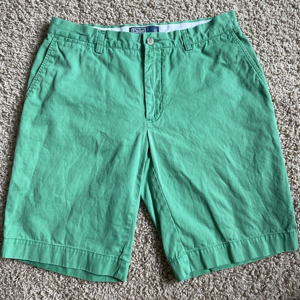 Polo Ralph Lauren Men Size 32 Solid Green Cotton Flat Front Casual Chino Shorts